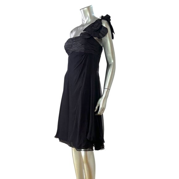 Ricky Freeman for Teri Jon One-Shoulder Black Silk Dress With Floral Accent 6 - Picture 6 of 13